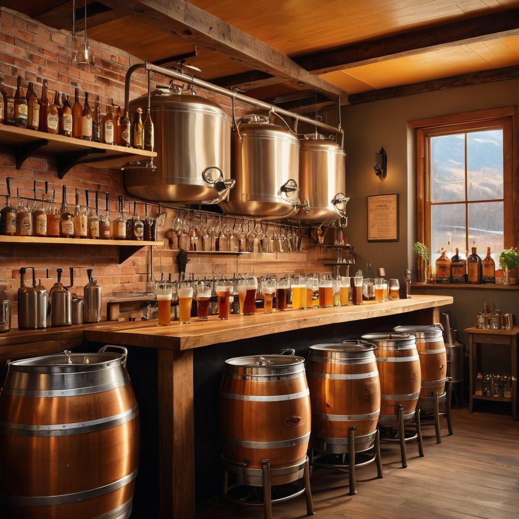 A rustic craft brewery scene showcasing brewing equipment like kettles and fermenters, surrounded by various beer styles in tasting glasses. Include a wooden bar counter with a warm ambiance, and a chalkboard displaying trending beer flavors. Add hops and barley in the foreground to symbolize the ingredients. Capture a warm golden glow in the lighting to emphasize a cozy atmosphere. super-realistic. warm colors. vibrant details.