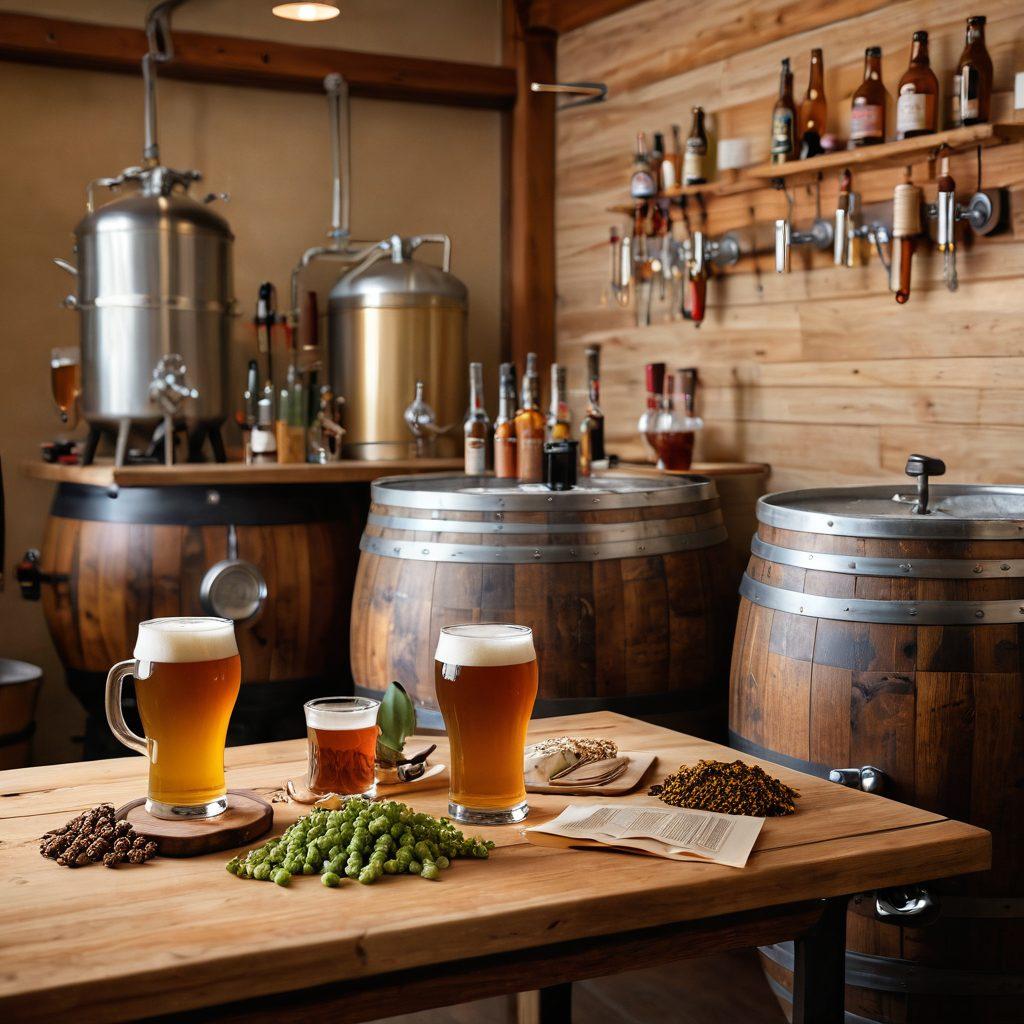 A cozy home setting featuring a wooden table filled with various homebrew beer recipes, colorful ingredients like hops and malt, and brewing equipment. In the background, an inviting brewery with barrels and taps can be seen through an open doorway. The scene has a warm, rustic ambiance that conveys the joy of brewing and enjoying beer with friends. The image should evoke a sense of passion and knowledge in beer culture. super-realistic. warm tones. vibrant colors.