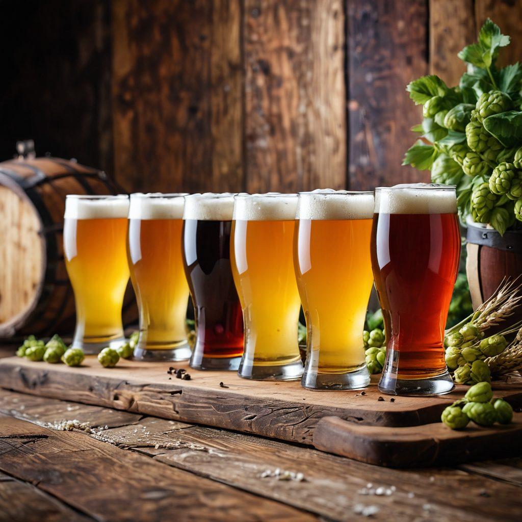 A vibrant craft beer scene featuring diverse beer styles in frosty glasses on a rustic wooden table, surrounded by hops and barley. Include enthusiastic beer lovers engaged in a tasting, with a backdrop of a charming brewery. The atmosphere is warm and inviting, showcasing the artistry of craft brewing. super-realistic. vibrant colors. textured background.